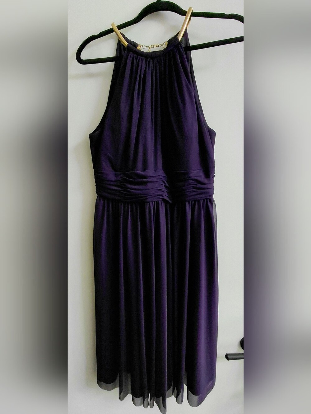 Elegant Purple Ruched Waist Halter Dress